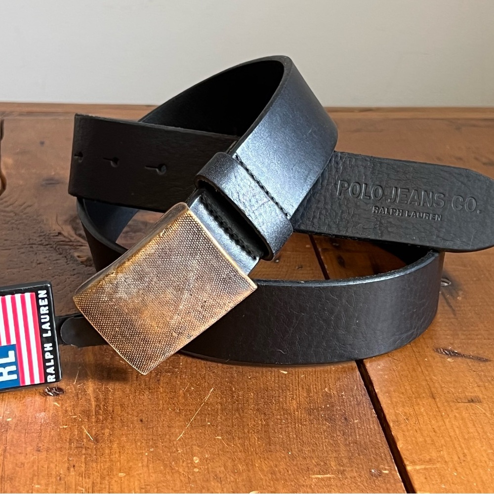 Ralph Lauren Black Leather Belt with Aged Brass Rectangular Buckle -NWT
